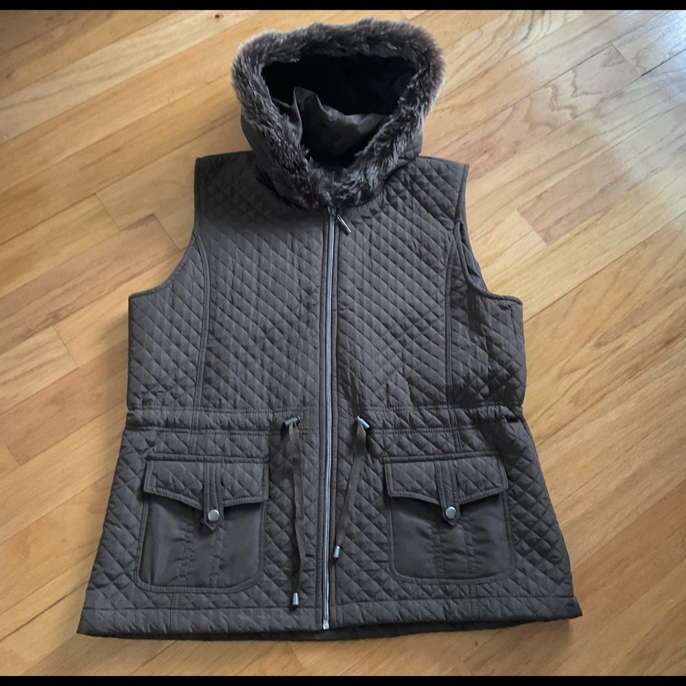 Three Hearts quilted vest with faux fur hood